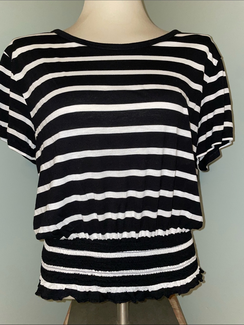 GAP Women’s Medium Black White Striped Smocked Waist Ruffle Hem Top